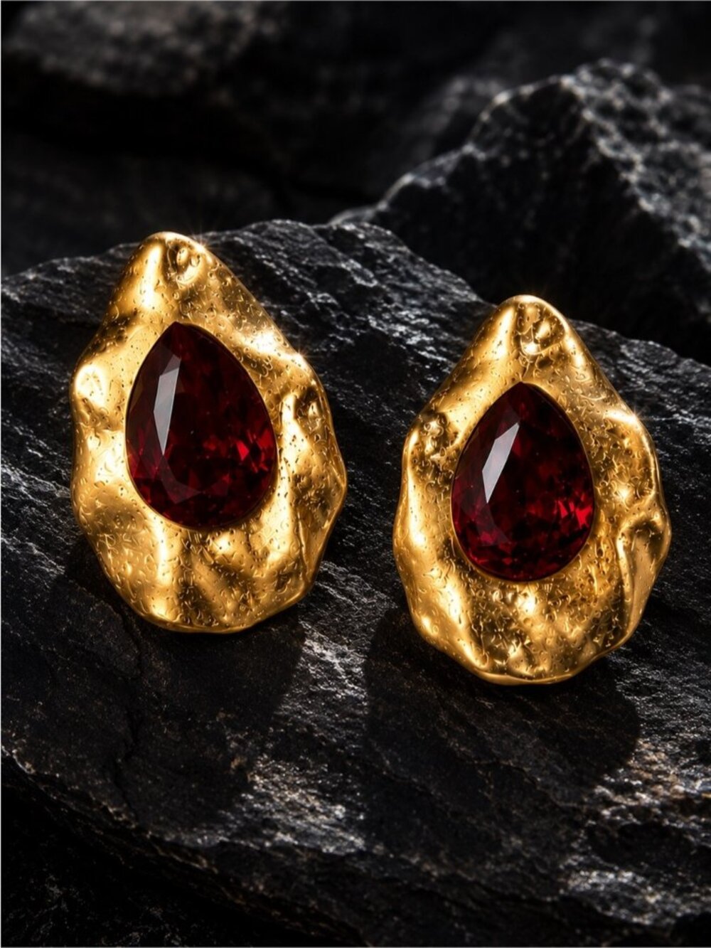 Vintage Gold Earrings with Deep Red Teardrop Gemstones